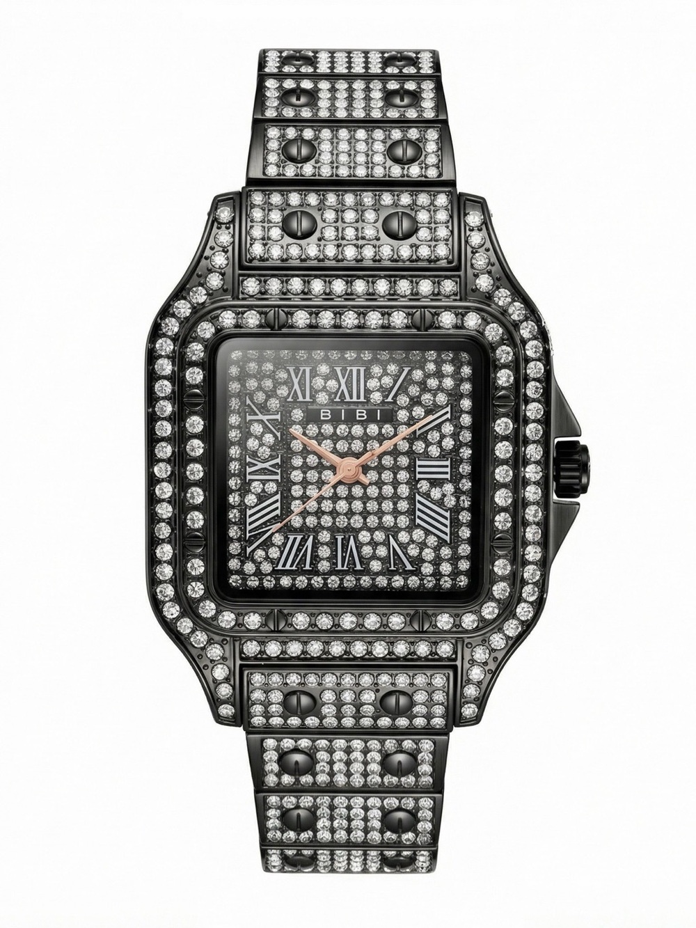 BiBi Black and Rose Gold Crystal-Set Square Watch